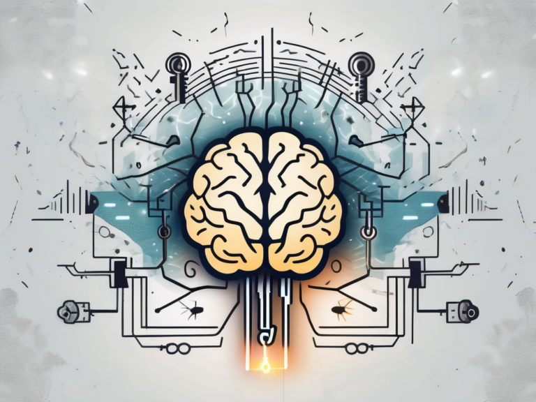 A brain glowing with energy and surrounded by symbolic elements like keys and lightning bolts